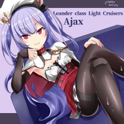 Rule 34 | 1girl, ajax (azur lane), azur lane, black pantyhose, capelet, character name, collar, commentary request, couch, crossed legs, detached sleeves, hat, hebitsukai-san, highres, light purple hair, long hair, looking at viewer, pantyhose, parted lips, purple eyes, sitting, smile, smirk, solo, two side up, v-shaped eyebrows