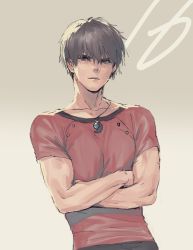 Rule 34 | 1boy, brown hair, closed mouth, collarbone, crossed arms, jewelry, looking at viewer, male focus, natsuhiko, red eyes, red shirt, shadow hearts, shirt, short sleeves, simple background, smile, solo, yuri hyuga