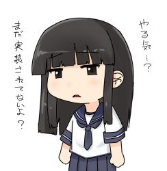Rule 34 | 1girl, blunt bangs, brown eyes, brown hair, chibi, commentary request, hatsuyuki (kancolle), hime cut, kantai collection, long hair, looking at viewer, neckerchief, niwatazumi, open mouth, pleated skirt, short sleeves, sidelocks, skirt, solo, translated, white background