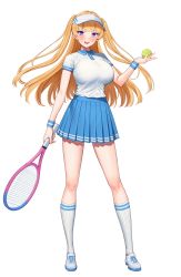 Rule 34 | 1girl, ball, blonde hair, blue collar, blue eyes, blue skirt, blue wristband, blush, breasts, collar, collared shirt, floating hair, full body, highres, holding, holding ball, holding tennis racket, large breasts, lina (michihasu), long hair, looking at viewer, michihasu, multicolored clothes, open mouth, original, pleated skirt, racket, shadow, shirt, shirt tucked in, shoes, short sleeves, skirt, smile, sneakers, socks, solo, sportswear, standing, tachi-e, teeth, tennis, tennis ball, tennis racket, tennis uniform, thighs, two side up, upper teeth only, white background, white shirt, white socks, wristband