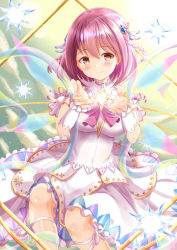 Rule 34 | 1girl, bare shoulders, blue sky, blush, braid, breasts, brown eyes, closed mouth, cloud, cloudy sky, commentary request, covered navel, day, dress, feet out of frame, frilled dress, frills, glowing, hair between eyes, hair ornament, hands up, highres, hoshizaki akari, looking at viewer, medium breasts, ongeki, outdoors, pink hair, sky, sleeveless, sleeveless dress, smile, solo, twin braids, white dress, xenon (for achieve)