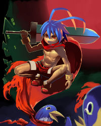 Rule 34 | 1boy, asphyxiation, blue hair, bracelet, cape, disgaea, highres, jewelry, laharl, male focus, prinny, red eyes, red shorts, saliva, topless male, shorts, solo, squatting, strangling, sword, tears, weapon