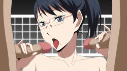 Rule 34 | 10s, 1girl, 2boys, atelier gons, black hair, blue eyes, censored, collarbone, double handjob, female focus, glasses, haikyuu!!, handjob, highres, long hair, looking at viewer, mole, mosaic censoring, multiple boys, nude, open mouth, penis, ponytail, sandwiched, shimizu kiyoko, simple background, solo focus, tongue, upper body, volleyball net