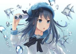 Rule 34 | 1girl, :o, aimori meguru, air bubble, animal, arm up, beret, binoculars, black bow, black hair, blue background, blue eyes, blue hat, blue sailor collar, bow, bubble, collarbone, commentary request, fish, fish request, gradient background, hat, hat bow, holding, holding binoculars, long hair, long sleeves, looking away, looking to the side, original, parted lips, sailor collar, school uniform, serafuku, shirt, solo, underwater, white background, white shirt