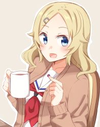Rule 34 | 1girl, :d, bad id, bad pixiv id, beige background, blue eyes, blush, cardigan, chair, coffee mug, cup, hair ornament, hairclip, high school fleet, highres, holding mug, kapatarou, long hair, long sleeves, looking at viewer, mug, neckerchief, open cardigan, open clothes, open mouth, outline, parted bangs, red neckerchief, school uniform, serafuku, shirt, simple background, sitting, smile, solo, toumatsu mimi, white outline, white shirt