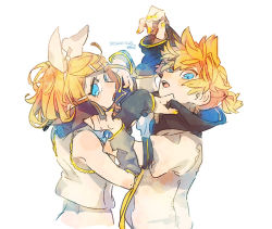 Rule 34 | 1boy, 1girl, 8&#039;108, adjusting collar, arm warmers, black collar, blonde hair, bloom, blue eyes, bow, collar, crop top, dated, from behind, hair bow, hair ornament, hairclip, hands up, kagamine len, kagamine rin, looking at viewer, nail polish, necktie, open mouth, sailor collar, school uniform, shirt, short hair, short ponytail, short sleeves, spiked hair, swept bangs, upper body, vocaloid, white background, white bow, white shirt, yellow nails, yellow neckwear