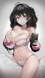 1girl absurdres ahoge bare_shoulders black_hair black_nails bra breasts choker curvy daebol eyelashes grabbing_own_breast hair_ornament hairclip highres holding holding_phone large_breasts mask medium_hair mole mole_under_eye mouth_mask navel original panties phone pillow pink_eyes shadow solo strap_slip surgical_mask thick_thighs thighs underwear white_bra white_choker white_mask white_panties