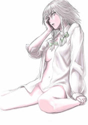 Rule 34 | 1girl, ankle grab, arm support, braid, breasts, chiki (botugo), faux traditional media, female focus, hand on own face, izayoi sakuya, looking at viewer, naked shirt, navel, open clothes, open shirt, ribbon, shirt, short hair, sitting, sleeves pushed up, solo, touhou, twin braids, underboob, wariza