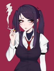 Rule 34 | 1girl, absurdres, artist name, bags under eyes, breasts, cigarette, dollf, gloom (expression), highres, holding, holding cigarette, jill stingray, looking to the side, medium breasts, necktie, open mouth, purple hair, red eyes, red necktie, simple background, smoke, smoking, solo, twintails, va-11 hall-a