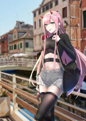 Rule 34 | 10s, absurdres, aqua eyes, bag, black sweater, black thighhighs, blurry, blurry background, bridge, changpan hutao, cityscape, commentary request, cutoffs, darling in the franxx, dutch angle, earrings, food, hairband, highres, horns, in mouth, jewelry, long hair, navel, pink hair, pocky, shorts, sidelocks, solo, standing, sweater, thighhighs, white hairband, zero two (darling in the franxx)