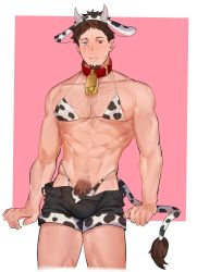 Rule 34 | 1boy, abs, animal ears, animal print, bara, bell, black shorts, blush, bra, bulge, chest hair, chinese zodiac, cow boy, cow ears, cow horns, cow print, cow tail, cowboy shot, excessive pubic hair, eyebrow cut, facial hair, fake animal ears, fur, goatee, highres, horns, large pectorals, male cleavage, male focus, male pubic hair, mature male, muscular, muscular male, navel, navel hair, neck bell, nipple slip, nipples, open clothes, open shorts, original, panties, print bra, print panties, pubic hair, scar, scar across eye, short hair, shorts, solo, stomach, tail, thick thighs, thighs, underwear, year of the ox, zhineart