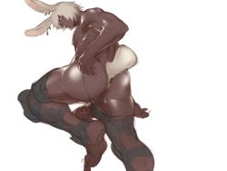 Rule 34 | 1boy, animal ears, anus, armor, ass, bara, dark-skinned male, dark skin, dizdoodz, earrings, erection, final fantasy, fingernails, foreskin, greaves, jewelry, large penis, looking back, male focus, parted lips, penis, perineum, rabbit ears, rabbit tail, sharp fingernails, shiny skin, simple background, solo, tail, testicles, viera, white background, white hair, yellow eyes
