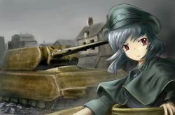 Rule 34 | 1girl, alternate costume, animal ears, building, capelet, caterpillar tracks, city, cloud, cloudy sky, fat (artist), female focus, frown, grey hair, hat, long sleeves, looking to the side, maus (tank), military, military uniform, military vehicle, motor vehicle, mouse ears, nazrin, outdoors, panzerkampfwagen maus, peaked cap, red eyes, serious, short hair, sky, solo, tank, touhou, uniform, upper body, vehicle, war, wehrmacht, world war ii