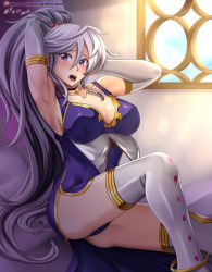 Rule 34 | 1girl, adapted costume, adjusting hair, anklet, armpits, artist name, blush, breasts, choker, cleavage, collarbone, covered navel, day, dress, earrings, elbow gloves, fire emblem, fire emblem: genealogy of the holy war, gloves, gold trim, hair between eyes, hand in own hair, highres, indoors, ishtar (fire emblem), jewelry, long hair, looking at viewer, medium breasts, nintendo, open mouth, panties, panty peek, patreon username, ponytail, purple dress, purple eyes, purple panties, side slit, signature, silver hair, sitting, smile, solo, sunlight, thighhighs, thighs, underwear, vilde loh hocen, watermark, web address, white gloves, white thighhighs, window