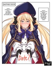 Rule 34 | 1girl, artoria caster (fate), artoria caster (second ascension) (fate), artoria pendragon (fate), black bow, blonde hair, blue capelet, blue headwear, bow, capelet, english text, fate/grand order, fate (series), green eyes, hair bow, introvert-kun, long hair, twintails