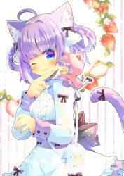 Rule 34 | 2girls, :d, ;), ^ ^, ahoge, animal ear fluff, animal ears, animal hood, apron, bag, black bow, black footwear, blue eyes, blunt bangs, blush, bow, breasts, cat ears, cat girl, cat hood, cat tail, chibi, closed eyes, closed mouth, copyright request, fake animal ears, fang, food, frilled apron, frills, fruit, hair intakes, hair rings, hood, hood up, hooded jacket, indie virtual youtuber, jacket, kou hiyoyo, long sleeves, mini person, minigirl, multiple girls, nail polish, one eye closed, open mouth, pantyhose, pink jacket, pleated skirt, purple hair, purple nails, purple skirt, shirt, shoes, shoulder bag, skirt, small breasts, smile, strawberry, striped, striped background, tail, tail bow, tail ornament, tail raised, vertical stripes, virtual youtuber, waist apron, white apron, white legwear, white shirt