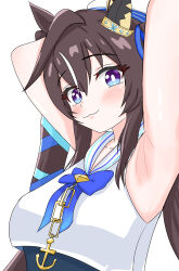 Rule 34 | 1girl, :3, absurdres, anchor necklace, animal ears, armpits, arms up, bare shoulders, blue bow, blue eyes, blush, bow, breasts, brown hair, closed mouth, commentary request, ear covers, hair between eyes, highres, horse ears, horse girl, jewelry, long hair, medium breasts, multicolored hair, necklace, sailor collar, shirt, simple background, single ear cover, sleeveless, sleeveless shirt, smile, solo, streaked hair, tsumu618, umamusume, upper body, very long hair, vivlos (umamusume), white background, white hair, white headwear