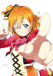 Rule 34 | 10s, 1girl, blue eyes, blurry, blush, depth of field, earrings, foreshortening, grin, highres, jewelry, kosaka honoka, looking at viewer, love live!, love live! school idol project, one eye closed, one side up, orange hair, pointing, pointing at viewer, shiimai, short hair, simple background, smile, solo, sunny day song, white background