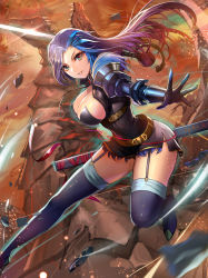 Rule 34 | 1girl, blue hair, boots, breasts, cleavage, dragon, garter straps, green eyes, high heel boots, high heels, highres, katana, kisina, large breasts, long hair, looking at viewer, multicolored hair, outstretched arm, ribbon, seven knights, shane (seven knights), smile, solo, streaked hair, sword, thigh boots, thighhighs, weapon