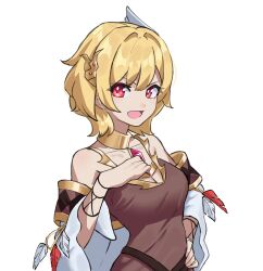 Rule 34 | 1girl, absurdres, bare shoulders, blonde hair, breasts, brown dress, citrinne (fire emblem), cleavage, commentary, commission, dress, feathers, fire emblem, fire emblem engage, grimmelsdathird, highres, jewelry, long sleeves, looking at viewer, medium breasts, neck ring, nintendo, open mouth, red eyes, short hair, simple background, solo, upper body, white background