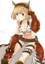 Rule 34 | 10s, 1girl, :o, alternate costume, animal print, ao (aocooler), belt, bikini, blonde hair, boots, border, breasts, brown eyes, cleavage, djeeta (granblue fantasy), fake horns, front-tie top, gauntlets, granblue fantasy, groin, hairband, hand in own hair, heavy breathing, horns, looking away, looking to the side, ogre (granblue fantasy), open mouth, short hair, simple background, sitting, solo, sweat, swimsuit, thigh strap, white background, zebra print