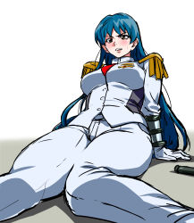 Rule 34 | 1girl, blue hair, blush, buttons, character request, commentary request, copyright request, epaulettes, gloves, highres, jacket, mamesi (suhk8583), medium hair, military, military uniform, necktie, pants, sitting, solo, uniform