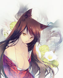 Rule 34 | 1girl, ahri (league of legends), animal ears, babu523, bare shoulders, breasts, cleavage, collarbone, detached sleeves, facial mark, flower, fox ears, fox tail, korean clothes, large breasts, league of legends, looking at viewer, low neckline, luvhyde, multiple tails, portrait, solo, tail, whisker markings, yellow eyes