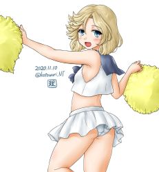 Rule 34 | 1girl, alternate costume, artist logo, ass, blonde hair, blue eyes, blue sailor collar, cheerleader, commentary request, cowboy shot, crop top, dated, from behind, highres, holding, holding pom poms, janus (kancolle), kantai collection, kotowari (newtype kenkyuujo), midriff, one-hour drawing challenge, panties, parted bangs, pleated skirt, pom pom (cheerleading), pom poms, sailor collar, simple background, skirt, solo, twitter username, underwear, white background, white panties, white skirt