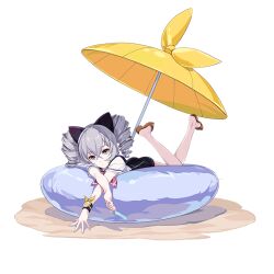 Rule 34 | 1girl, bronya zaychik, drill hair, food, grey hair, holding, holding food, holding ice cream, honkai (series), honkai impact 3rd, ice cream, lying, official art, sandals, solo, swimsuit, third-party source, umbrella