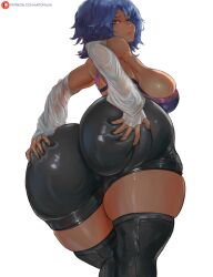 Rule 34 | 1girl, absurdres, alva (artofalva), aqua (kingdom hearts), ass, ass focus, ass grab, bare shoulders, bike shorts, black shorts, blue eyes, blue hair, breasts, come hither, deep skin, detached sleeves, from behind, from below, highres, huge ass, kingdom hearts, large breasts, looking at viewer, looking back, naughty face, short hair, short shorts, shorts, sideboob, smile, solo, thick thighs, thighhighs, thighs
