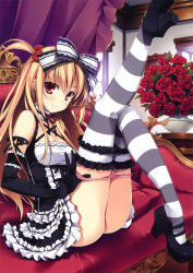 Rule 34 | 1girl, absurdres, ass, bare shoulders, black gloves, blonde hair, bow, breasts, brown hair, choker, cleavage, couch, elbow gloves, flower, frilled thighhighs, frills, gloves, gothic lolita, hair bow, hair flower, hair ornament, highres, leg lift, legs, lolita fashion, looking at viewer, no pants, original, panties, panty pull, pink panties, red eyes, rose, sitting, small breasts, smile, solo, striped clothes, striped thighhighs, thighhighs, underwear, yuuki hagure