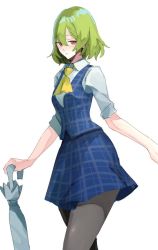 Rule 34 | 1girl, alternate color, ascot, bad id, bad twitter id, black pantyhose, blue skirt, blue vest, closed mouth, collared shirt, cowboy shot, green hair, hair between eyes, holding, holding umbrella, kazami yuuka, pantyhose, plaid, plaid skirt, plaid vest, player 2, red eyes, shirt, short hair, short sleeves, simple background, skirt, skirt set, solo, standing, tohoyuukarin, touhou, umbrella, vest, white background, white shirt, yellow ascot