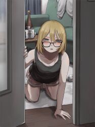 Rule 34 | 1girl, barefoot, beer can, black camisole, blonde hair, bob cut, bottle, camisole, can, couch, crawling, doorway, double-parted bangs, drink can, glasses, grey hoodie, hair between eyes, highres, hood, hoodie, light blush, looking at viewer, medium hair, mole, mole under eye, open mouth, opening door, original, pink shorts, pov doorway, rug, shirt, shorts, squinting, tabao, wooden floor