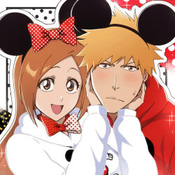 Rule 34 | 1boy, 1girl, bleach, bow, brown eyes, commentary, couple, disney, english commentary, hetero, highres, holding another&#039;s head, hood, hoodie, inoue orihime, kurosaki ichigo, long sleeves, looking at viewer, mickey mouse, mickey mouse ears, open mouth, orange hair, polka dot, polka dot bow, red bow, red hoodie, rozuberry, short hair, sidelocks, spiked hair, upper body, white hoodie