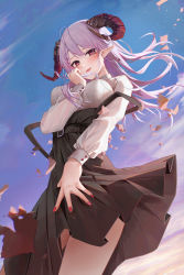 Rule 34 | 1girl, black skirt, blouse, blue sky, blush, braid, cloud, collared shirt, commentary request, day, earrings, fangs, hair between eyes, highres, horns, jewelry, long hair, long sleeves, looking at viewer, nail polish, original, outdoors, parted lips, pleated skirt, pointy ears, puffy long sleeves, puffy sleeves, purple hair, red eyes, red nails, ru zhai, shirt, skirt, sky, smile, solo, suspender skirt, suspenders, suspenders slip, white shirt