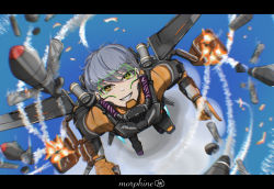 Rule 34 | 1girl, absurdres, animification, apex legends, armor, bodysuit, breastplate, brown eyes, controller, firing, flying, from above, gloves, grey hair, highres, jetpack, joystick, letterboxed, missile, missile pod, orange bodysuit, orange gloves, rin60527617, sky, smile, smoke, solo, valkyrie (apex legends)