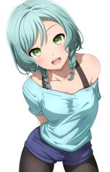 Rule 34 | 1girl, :d, absurdres, aqua hair, arms behind back, bang dream!, black pantyhose, blue shirt, blush, bow, bra strap, braid, breasts, cleavage, collarbone, commentary, contrapposto, cowboy shot, green eyes, hair bow, head tilt, highres, hikawa hina, looking at viewer, medium breasts, medium hair, noshimurin, off-shoulder shirt, off shoulder, open mouth, pantyhose, pantyhose under shorts, red bow, shirt, short shorts, short sleeves, shorts, side braid, simple background, single bare shoulder, smile, solo, standing, swept bangs, teeth, twin braids, upper teeth only, white background