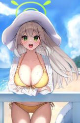 Rule 34 | 1girl, absurdres, beach, bikini, blue archive, blush, breasts, cleavage, collarbone, day, front-tie bikini top, front-tie top, green eyes, green halo, halo, hat, highres, large breasts, light brown hair, long hair, long sleeves, looking at viewer, nonomi (blue archive), nonomi (swimsuit) (blue archive), ocean, official alternate costume, open mouth, outdoors, qoray7, shirt, side-tie bikini bottom, solo, swimsuit, teeth, upper teeth only, white hat, white shirt, yellow bikini