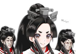 Rule 34 | 1girl, black hair, brown eyes, commentary request, dated, folding fan, hair tie, hand fan, high ponytail, kantai collection, long hair, looking at viewer, multi-tied hair, multiple views, nisshin (kancolle), one-hour drawing challenge, parody, red ribbon, ribbon, short eyebrows, signature, simple background, style parody, thick eyebrows, tk8d32, very long hair, white background