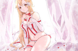 Rule 34 | 1girl, asuna (sao), bad id, bad pixiv id, bed sheet, blonde hair, blush, braid, breasts, brown eyes, choker, cleavage, closed mouth, commentary, curtains, detached sleeves, flower, french braid, frilled panties, frills, hair between eyes, hair flower, hair ornament, highres, long hair, long sleeves, medium breasts, midriff, navel, panties, red ribbon, ribbon, ribbon choker, side-tie panties, sitting, solo, stomach, sugar (eugeo), sword art online, thigh strap, underwear, underwear only, very long hair, white flower, white panties, white sleeves
