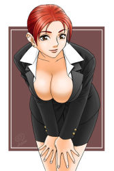 Rule 34 | 1girl, breasts, brown eyes, business suit, cleavage, formal, large breasts, leaning forward, office lady, pencil skirt, red eyes, red hair, short hair, skirt, solo, suit, suit, tatsunami youtoku
