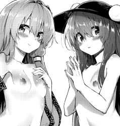 Rule 34 | 2girls, bad id, bad twitter id, blush, breasts, detached sleeves, food, frog hair ornament, fruit, greyscale, hair ornament, hair tubes, hand on own chest, hands up, hat, hinanawi tenshi, kochiya sanae, long hair, looking at viewer, monochrome, multiple girls, nipples, own hands together, peach, sawayaka samehada, simple background, small breasts, smile, touhou, white background