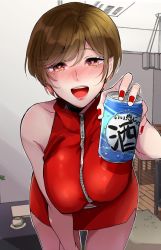Rule 34 | 1girl, :d, alcohol, beer, beer can, breasts, brown hair, can, commentary request, crop top, cup, drink can, earrings, holding, holding can, indoors, itoko (i t k), jewelry, large breasts, leaning forward, meiko (vocaloid), miniskirt, nail polish, open mouth, red nails, rug, short hair, skirt, smile, soda can, table, vocaloid, wooden floor
