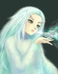 Rule 34 | 1girl, ayanero taicho, blowing, dark souls (series), dark souls i, dragon girl, from software, fur, green eyes, horns, ice, long hair, priscilla the crossbreed, slit pupils, solo, white hair