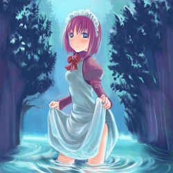 Rule 34 | 00s, 1girl, apron, blue eyes, clothes lift, hisui (tsukihime), lowres, maid, maid apron, maid cap, night, red hair, short hair, skirt, skirt lift, solo, tsukihime, wading, water, wet