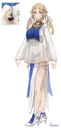 Rule 34 | 1girl, blonde hair, blue eyes, blunt bangs, breast curtain, closed mouth, dress, english text, full body, high heels, highres, long hair, long sleeves, looking at viewer, original, personification, pointy ears, side slit, signature, simple background, smile, solo, twintails, unsomnus, white background, white dress, white footwear