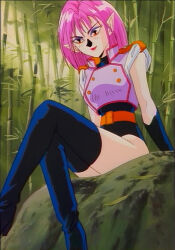 Rule 34 | 1990s (style), 1girl, bare legs, blue gloves, blue leotard, boots, breasts, crossed legs, curvy, demon girl, forest, gloves, highleg, highleg leotard, highres, kishin douji zenki, leotard, medium breasts, medium hair, nagi (kishin douji zenki), nature, pink hair, pointy ears, red eyes, retro artstyle, revealing clothes, smile, solo, thigh boots, third-party edit, wide hips