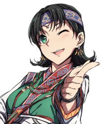 Rule 34 | 1girl, bad perspective, black hair, earrings, green eyes, headband, highres, jewelry, nagioka, necklace, one eye closed, pointing, portrait, smile, valkyrie profile (series), white background, wink, yumei (valkyrie profile)