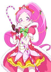 Rule 34 | 1girl, adapted costume, brooch, brown gloves, choker, closed mouth, cure blossom, gloves, hair ribbon, hanasaki tsubomi, heart, heart brooch, heartcatch precure!, highres, holding, holding staff, long hair, looking at viewer, magical girl, matatabi (karukan222), pink eyes, pink hair, ponytail, precure, red choker, red ribbon, red skirt, ribbon, short sleeves, simple background, skirt, smile, solo, staff, white background