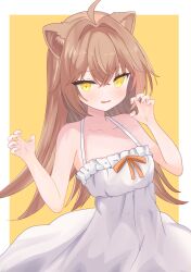 1girl ahoge animal_ears arms_up border brown_hair claw_pose collarbone dot_nose dress fang frilled_dress frills hair_between_eyes hair_intakes highres hiiragisensei indie_virtual_youtuber lion_ears long_hair looking_at_viewer orange_ribbon parted_lips ribbon rurudo_lion rurudo_lion_(1st_costume) simple_background skin_fang smile solo sundress virtual_youtuber white_border white_dress yellow_background yellow_eyes